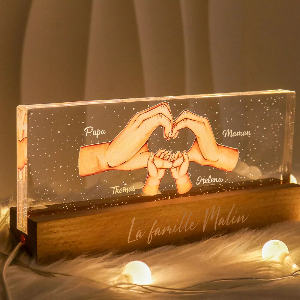 Veilleuse LED personnalisée en forme de cœur avec mains – Pour maman et papa