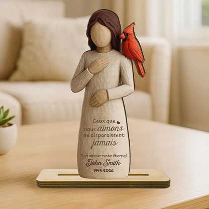 Femme et cardinal rouge – Présentoir en bois personnalisé – Cadeau commémoratif