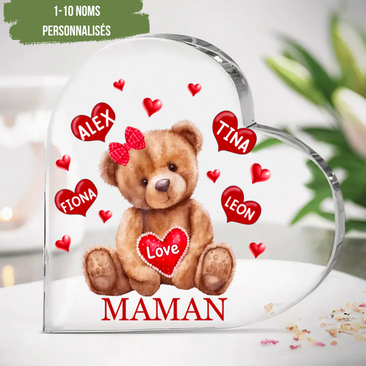 Ours cœur acrylique avec 1-8 noms pour maman et mamie