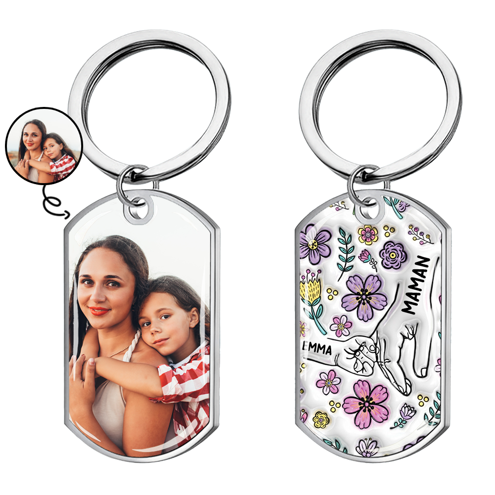 Main dans la main – Porte-clés photo personnalisé en acier inoxydable avec résine époxy – Cadeau pour mamie et maman