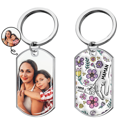 Main dans la main – Porte-clés photo personnalisé en acier inoxydable avec résine époxy – Cadeau pour mamie et maman
