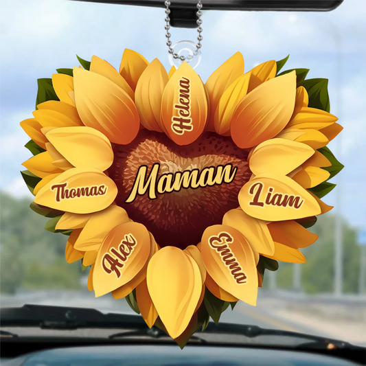 Pendentif personnalisé en forme de cœur avec tournesol et prénom