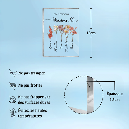 Bloc en acrylique personnalisé avec fleurs de naissance, prénoms et texte – Cadeau pour mamie et maman