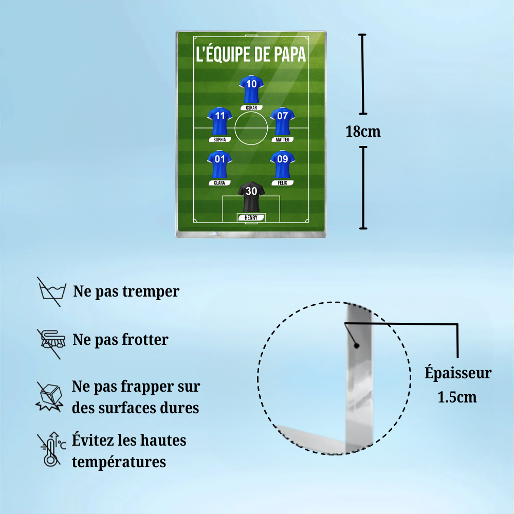 Bloc acrylique de l'équipe de football de papa avec maillots et texte Cadeau pour papa et les fans de football