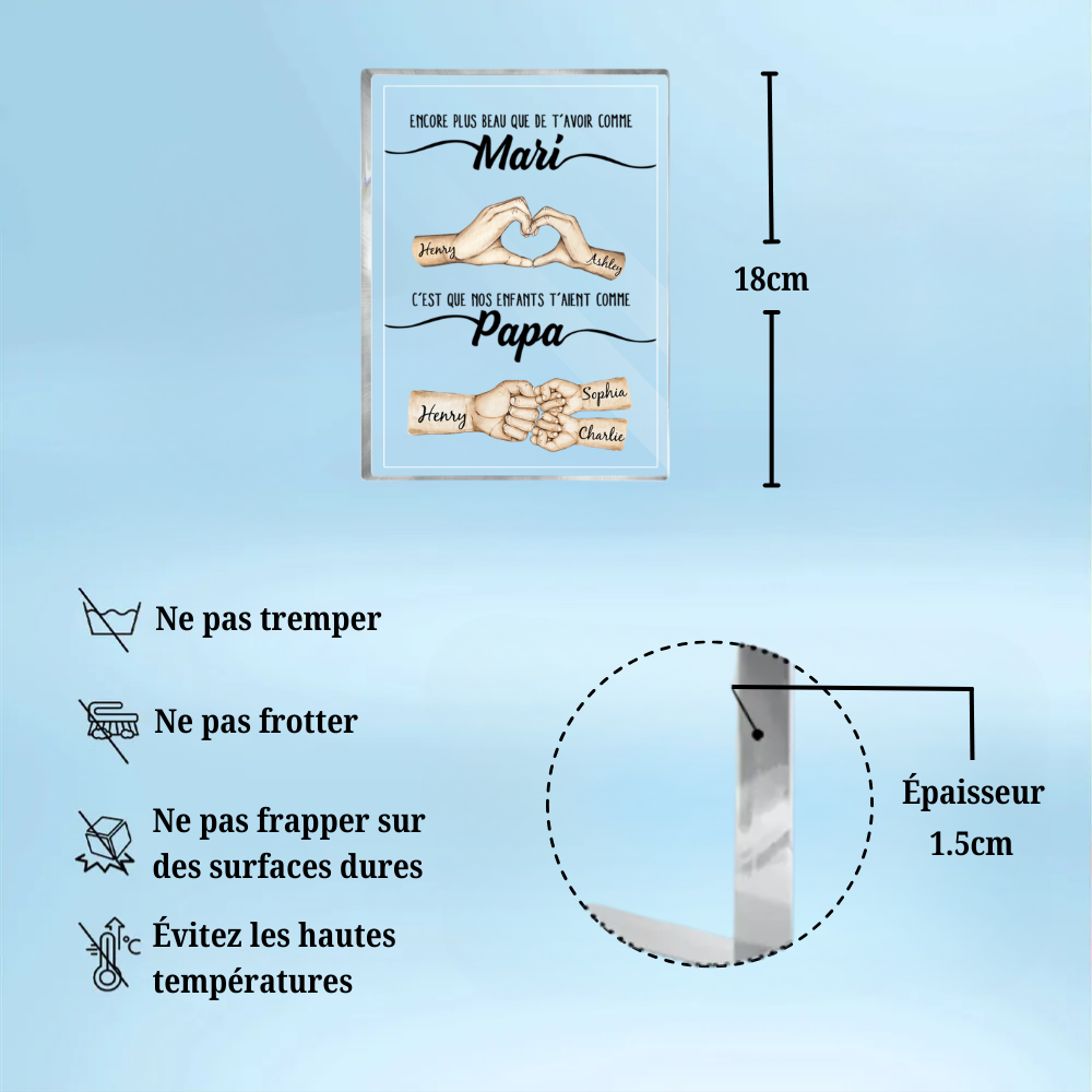 Plaque en acrylique avec mains et poing contre poing – Cadeau pour papa, idée cadeau pour la fête des pères