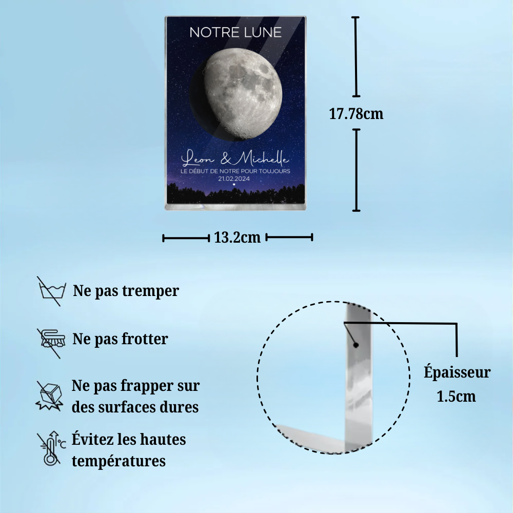 Notre lune pour les couples - Bloc acrylique personnalisé avec phase lunaire, noms et citation