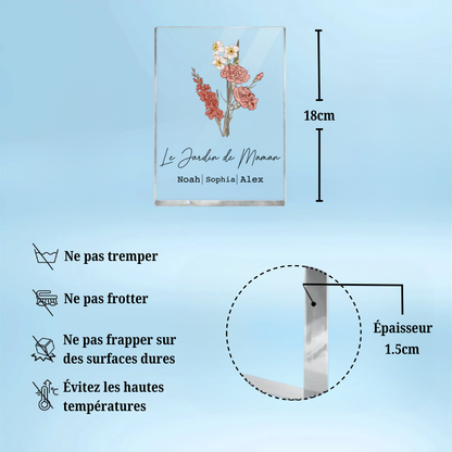 Bloc en acrylique personnalisé avec bouquet de fleurs de naissance, texte et prénoms – Cadeau pour maman et mamie