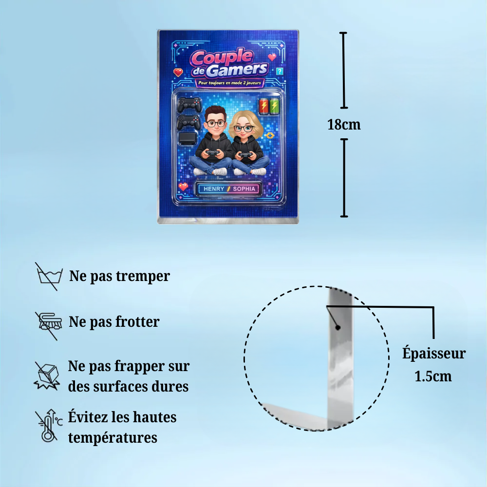 Couple de gamers – Bloc en acrylique personnalisé avec couple et prénoms