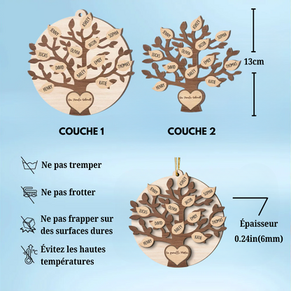 Ornement de Noël en bois - Décoration de sapin en forme d'arbre généalogique familial