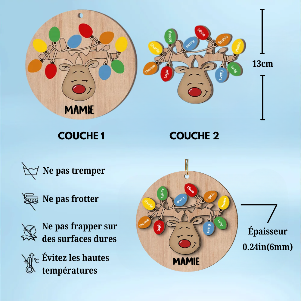 Noël - Renne Ornement en bois personnalisé à deux couches