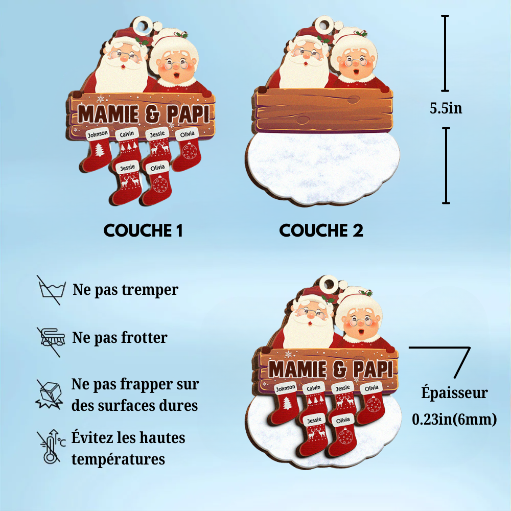 Pendentif de Noël personnalisé - Père Noël et grand-mère avec noms personnalisables sur chaussettes de Noël