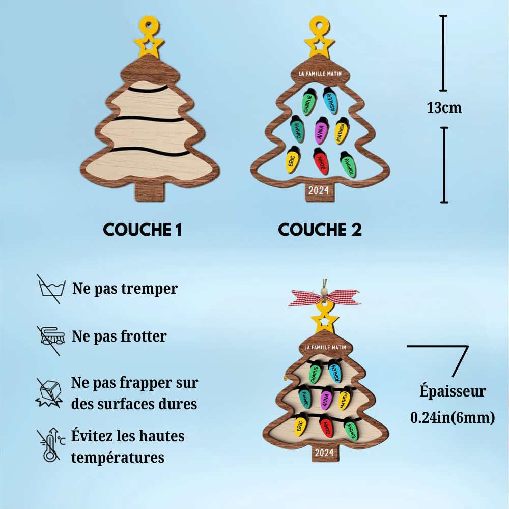 Guirlande lumineuse & Sapin de Noël - Ornement en bois personnalisé avec nom