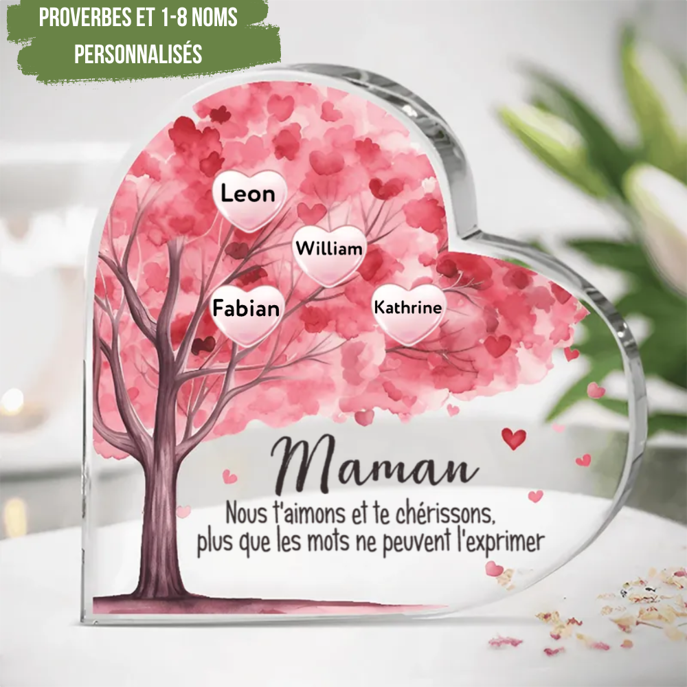 Cœur sur socle avec arbre généalogique, de 1 à 8 noms. Cadeaux pour maman et mamie.
