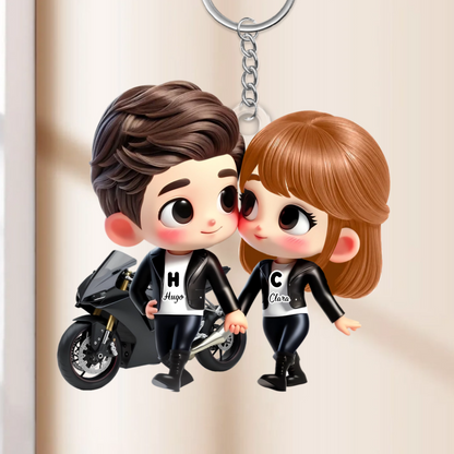 Porte-clés en acrylique Couple à moto – Cadeau pour couple