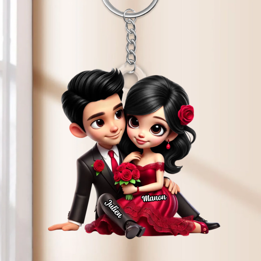 Couple avec bouquet de roses – Porte-clé en acrylique personnalisé, cadeau pour couple