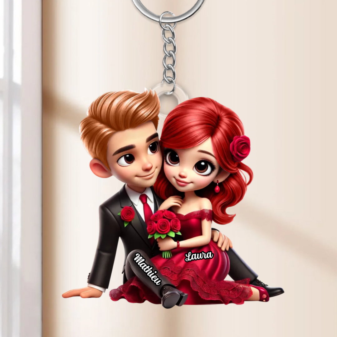 Couple avec bouquet de roses – Porte-clé en acrylique personnalisé, cadeau pour couple