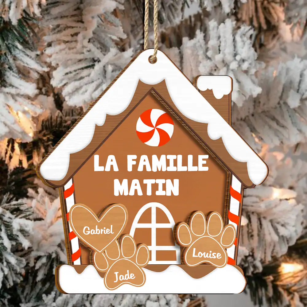 Décoration en bois à deux couches personnalisée – “Famille Pain d’épices” – Ornement de Noël familial avec prénoms