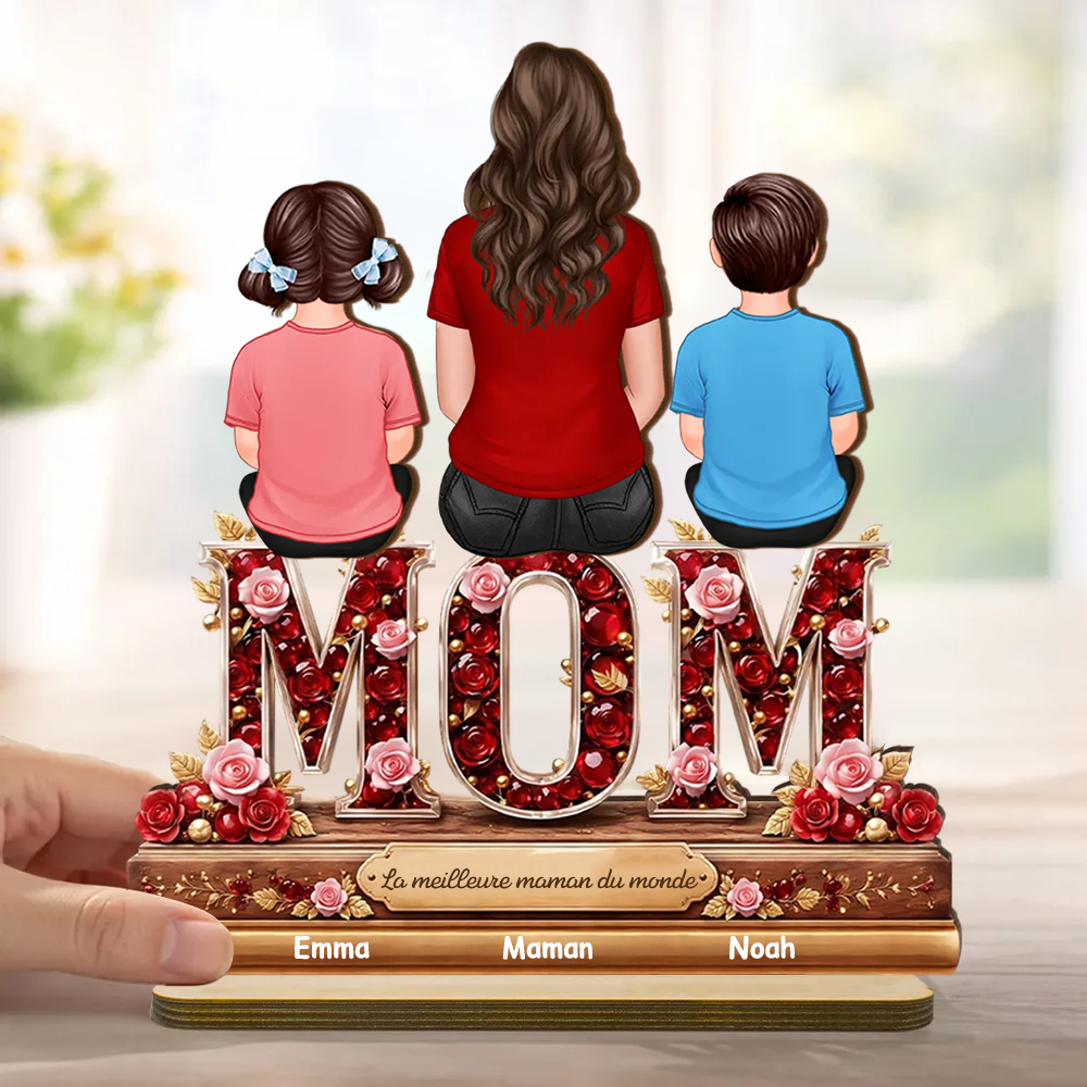 « MAMAN, MAMIE, MOM » – Présentoir en bois personnalisé avec femme et enfants