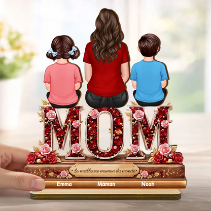 « MAMAN, MAMIE, MOM » – Présentoir en bois personnalisé avec femme et enfants
