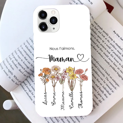 Coque en silicone personnalisée avec fleurs de naissance – Cadeau pour mamie et maman, compatible iPhone et Samsung