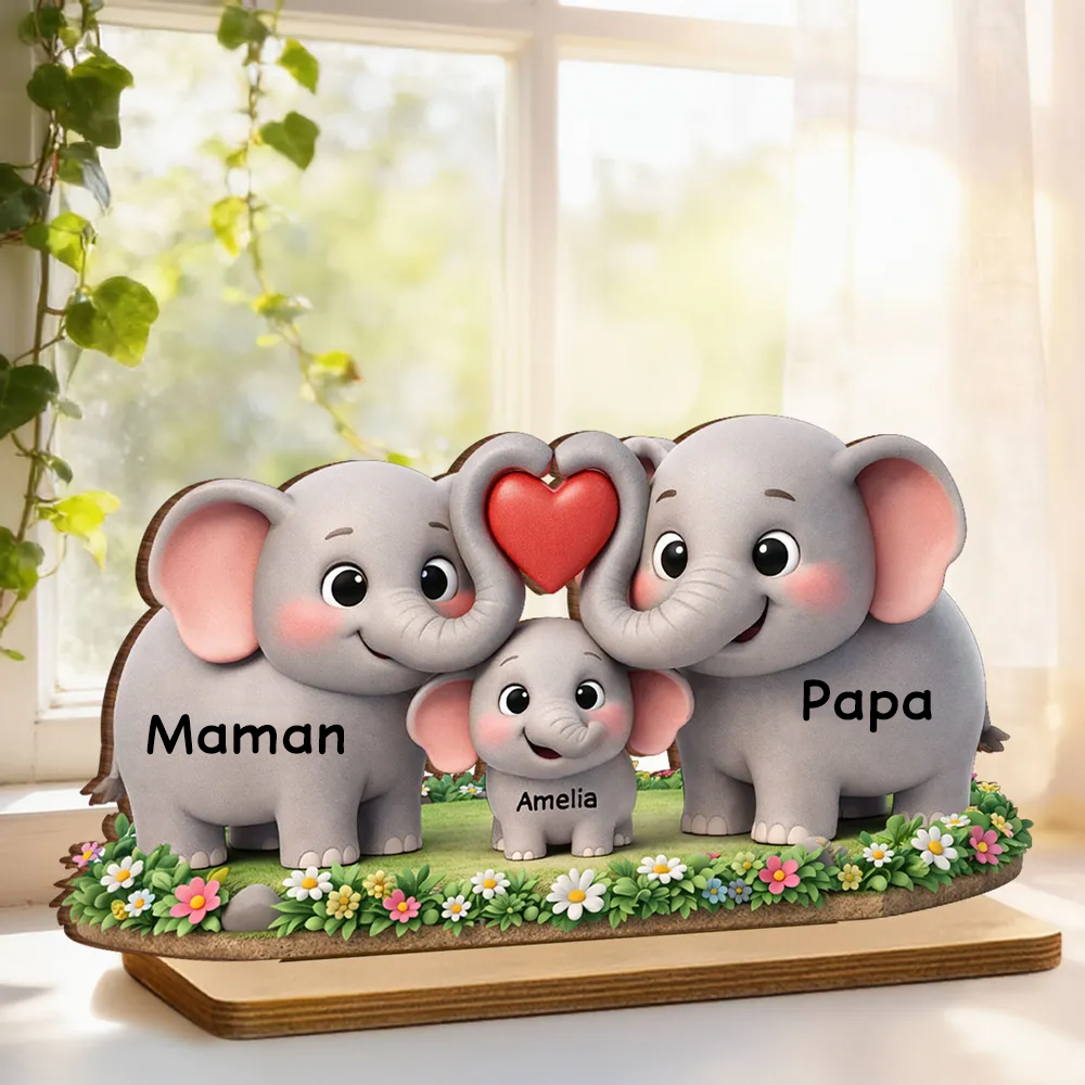 Famille d’éléphants – Présentoir en bois personnalisé avec prénoms – Cadeau pour maman et papa