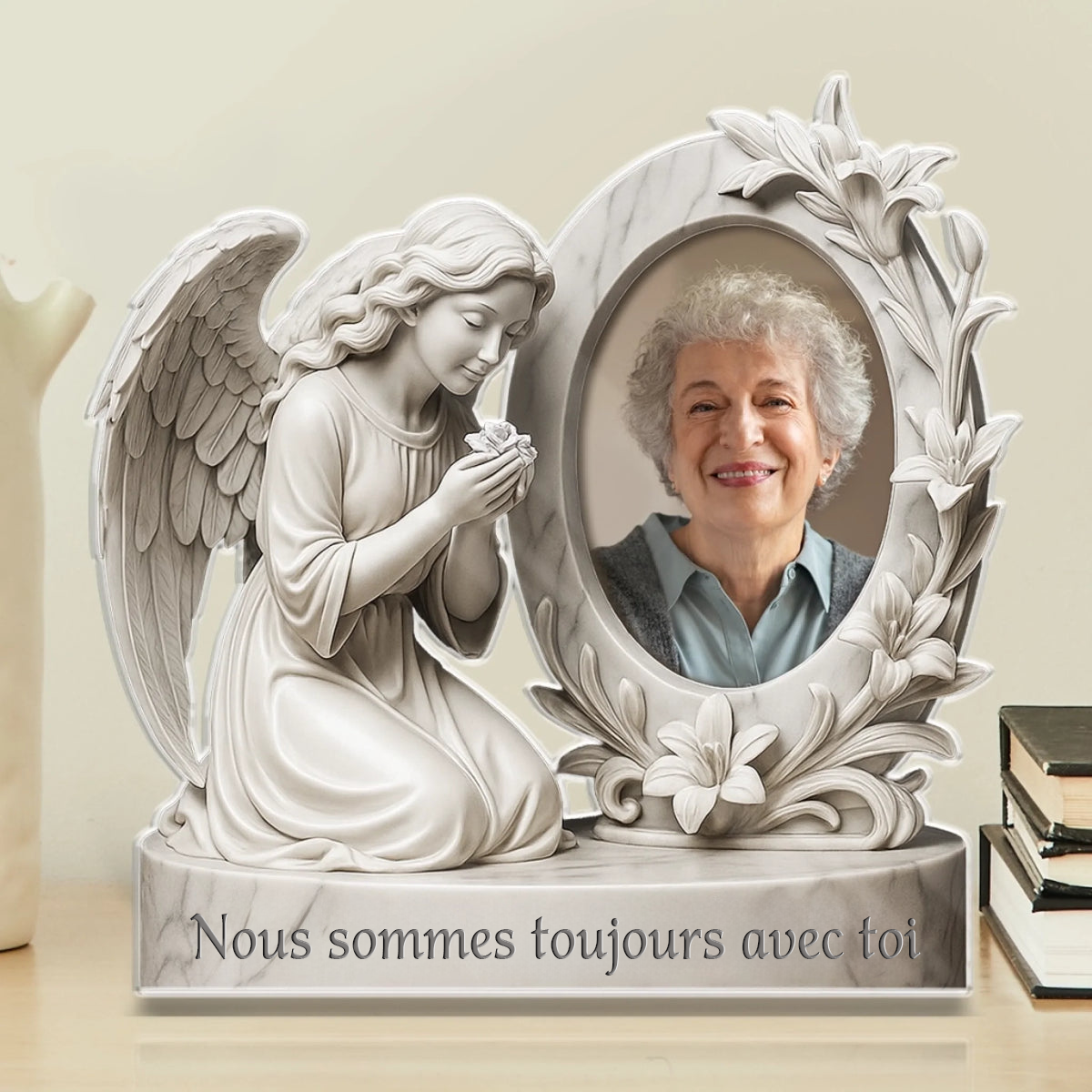 Plaque acrylique avec photo et motif d’ange – Cadeau de deuil
