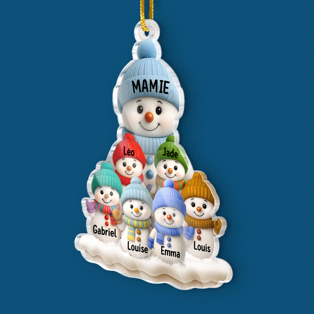 Bonhommes de neige – Pendentif en acrylique, décoration de sapin personnalisée, cadeau pour grand-mère