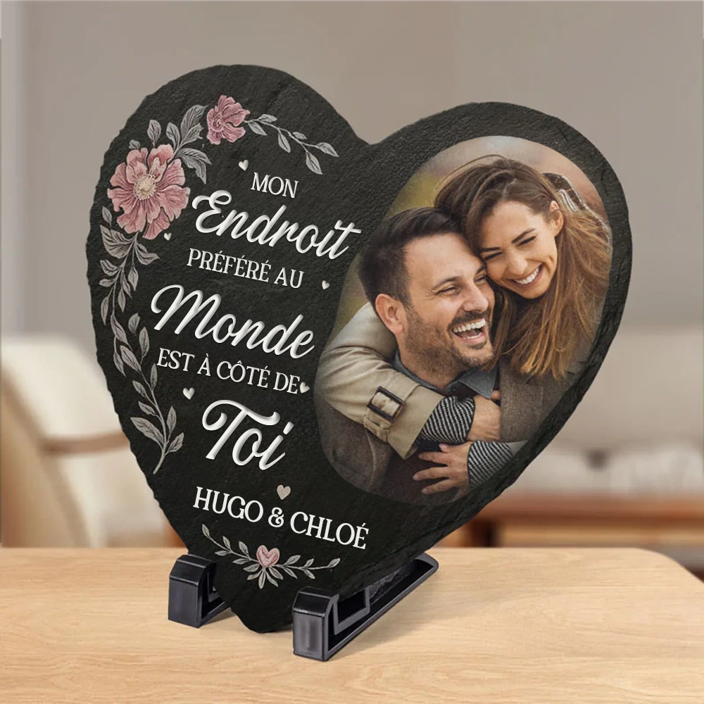Mon endroit préféré – Plaque en ardoise personnalisée avec photo pour couple – Forme cœur avec support