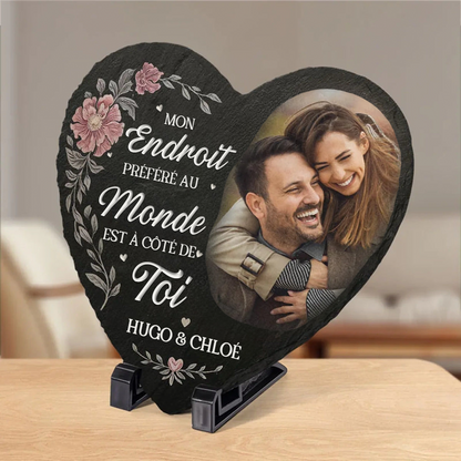 Mon endroit préféré – Plaque en ardoise personnalisée avec photo pour couple – Forme cœur avec support