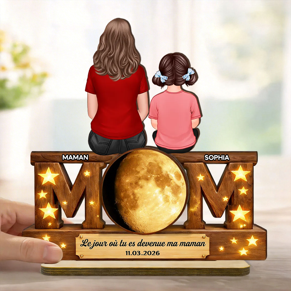 « Le jour où tu es devenue ma maman » – Décoration en bois personnalisé « MOM » avec phase de lune – Cadeau pour maman