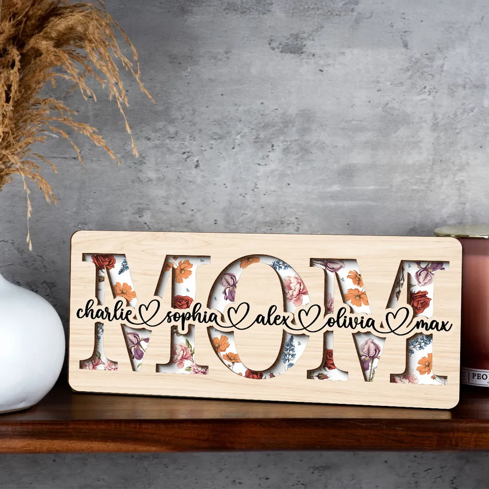 MAMAN / MOM / MAMIE – Présentoir en bois personnalisé à 2 couches avec fleurs de naissance et prénoms