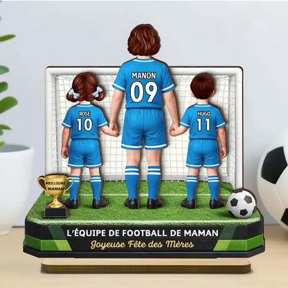 « L’équipe de football de maman » – Présentoir en bois personnalisé avec femme et enfants