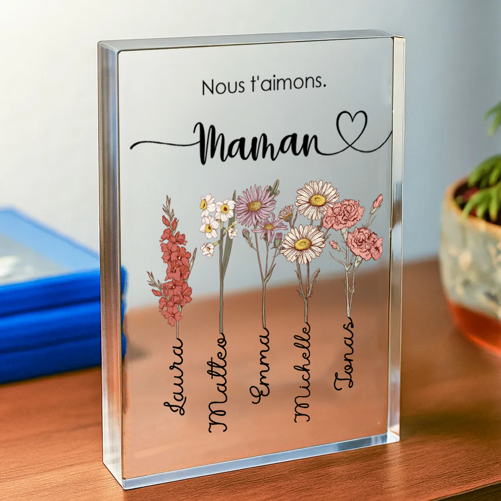 Bloc en acrylique personnalisé avec fleurs de naissance, prénoms et texte – Cadeau pour mamie et maman