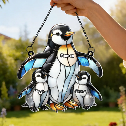 Maman / mamie pingouin avec enfants – Ornement attrape-soleil personnalisé avec prénoms