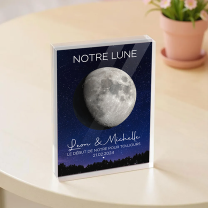 Notre lune pour les couples - Bloc acrylique personnalisé avec phase lunaire, noms et citation