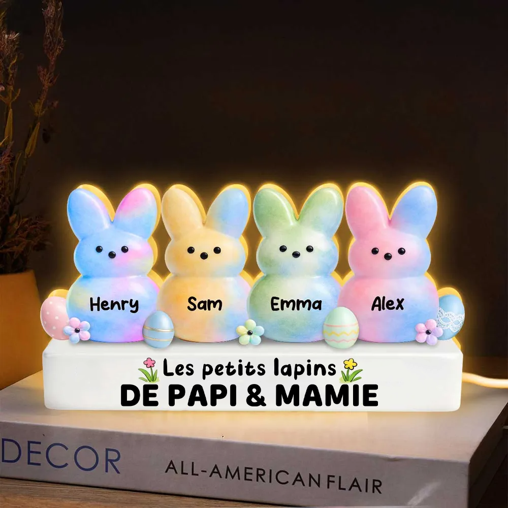 Lapins de Pâques colorés pour mamie et papi – Boîte lumineuse LED personnalisée avec les prénoms des petits-enfants | Cadeau de Pâques pour grands-parents