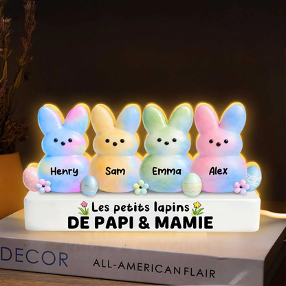 Lapins de Pâques colorés pour mamie et papi – Boîte lumineuse LED personnalisée avec les prénoms des petits-enfants | Cadeau de Pâques pour grands-parents