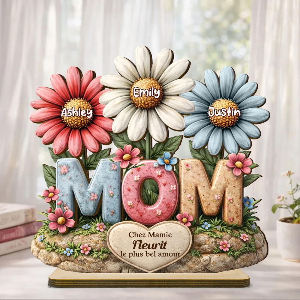 Décoration en bois personnalisé « MOM » avec fleurs – Cadeau pour maman et mamie
