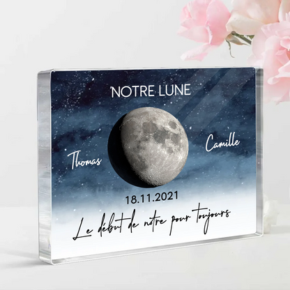 Notre Lune – Bloc en acrylique personnalisé avec phase de lune, cadeau pour couple