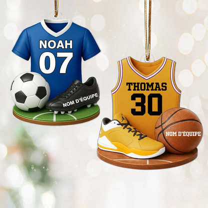 Ballon de football / basketball et maillot – Pendentif en acrylique personnalisé avec prénom et couleur