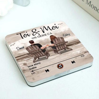 Aimant musical pour réfrigérateur avec 2 personnages, noms et citation Cadeau pour couple