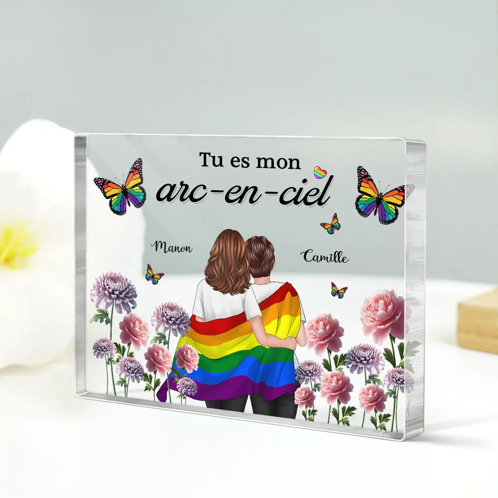 Plaque en acrylique personnalisée avec motif arc-en-ciel et 2 personnages – Cadeau pour couples LGBT