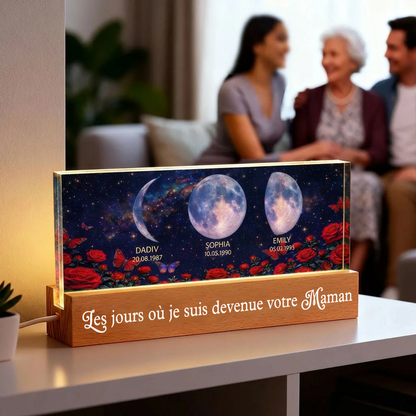 Roses et phases de lune – Veilleuse LED personnalisée avec texte et phases lunaires – Cadeau pour maman et mamie