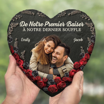 Photo et roses – Plaque en ardoise personnalisée pour couple – Forme cœur avec support