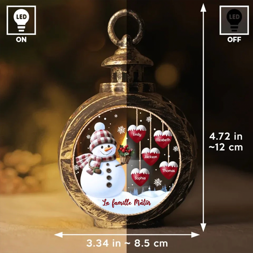 Bonhomme de neige et cœurs - Lanterne ornementale personnalisée à lumière de bougie