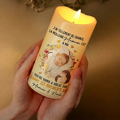 Bougie LED « La meilleure maman est à moi » avec photo et texte – Cadeau pour jeune maman