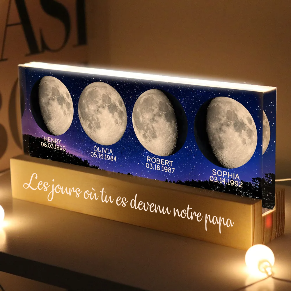 Lampe de nuit LED personnalisée avec phases de la lune – Cadeau d’anniversaire pour papa et maman