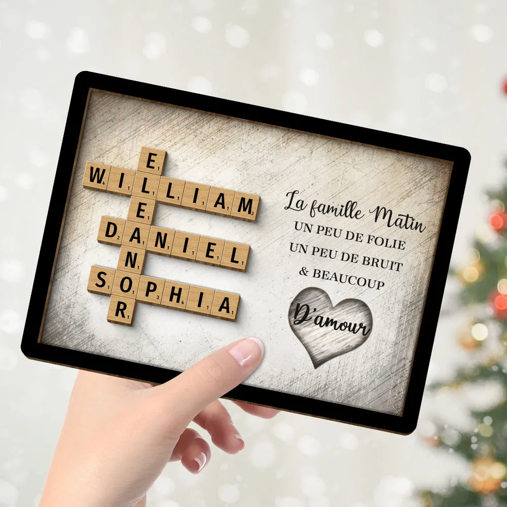 Plaque en bois personnalisée à 2 couches avec noms de famille en mots croisés
