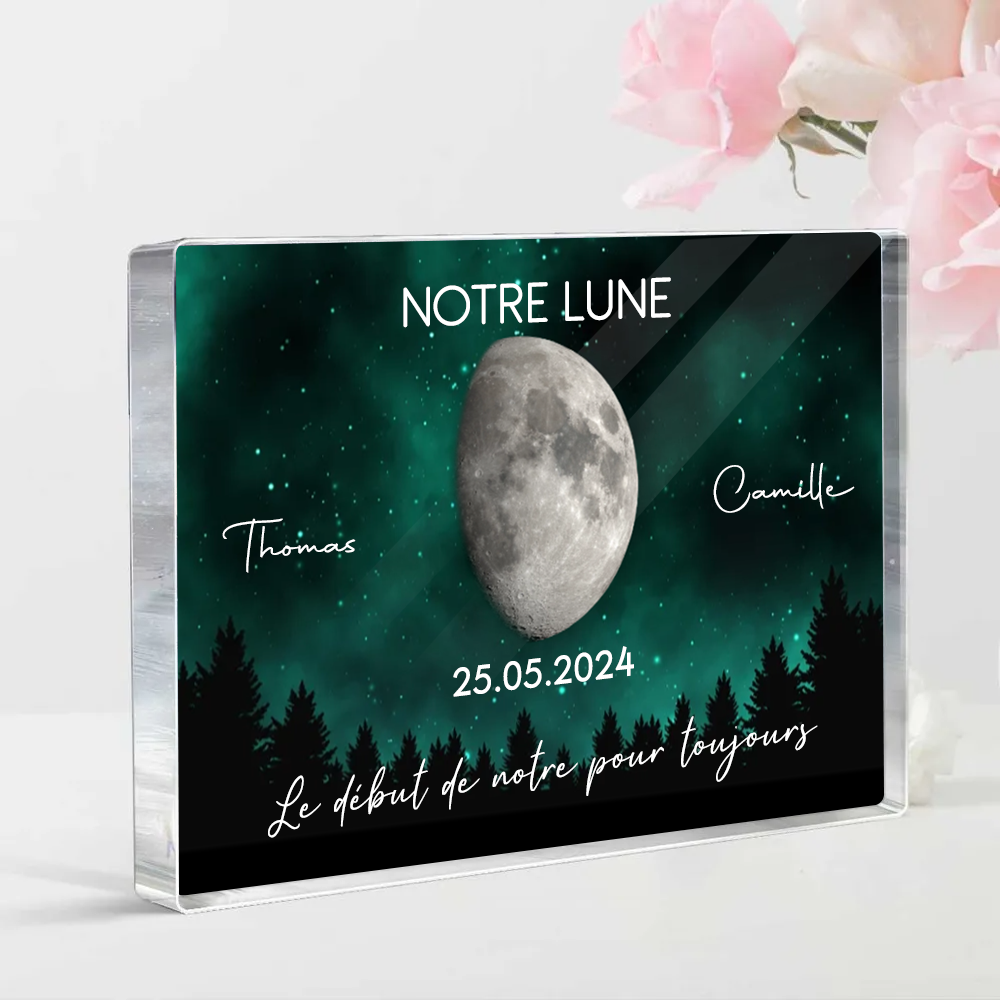 Notre lune - Bloc acrylique personnalisé avec phases lunaires et texte Cadeau pour couple