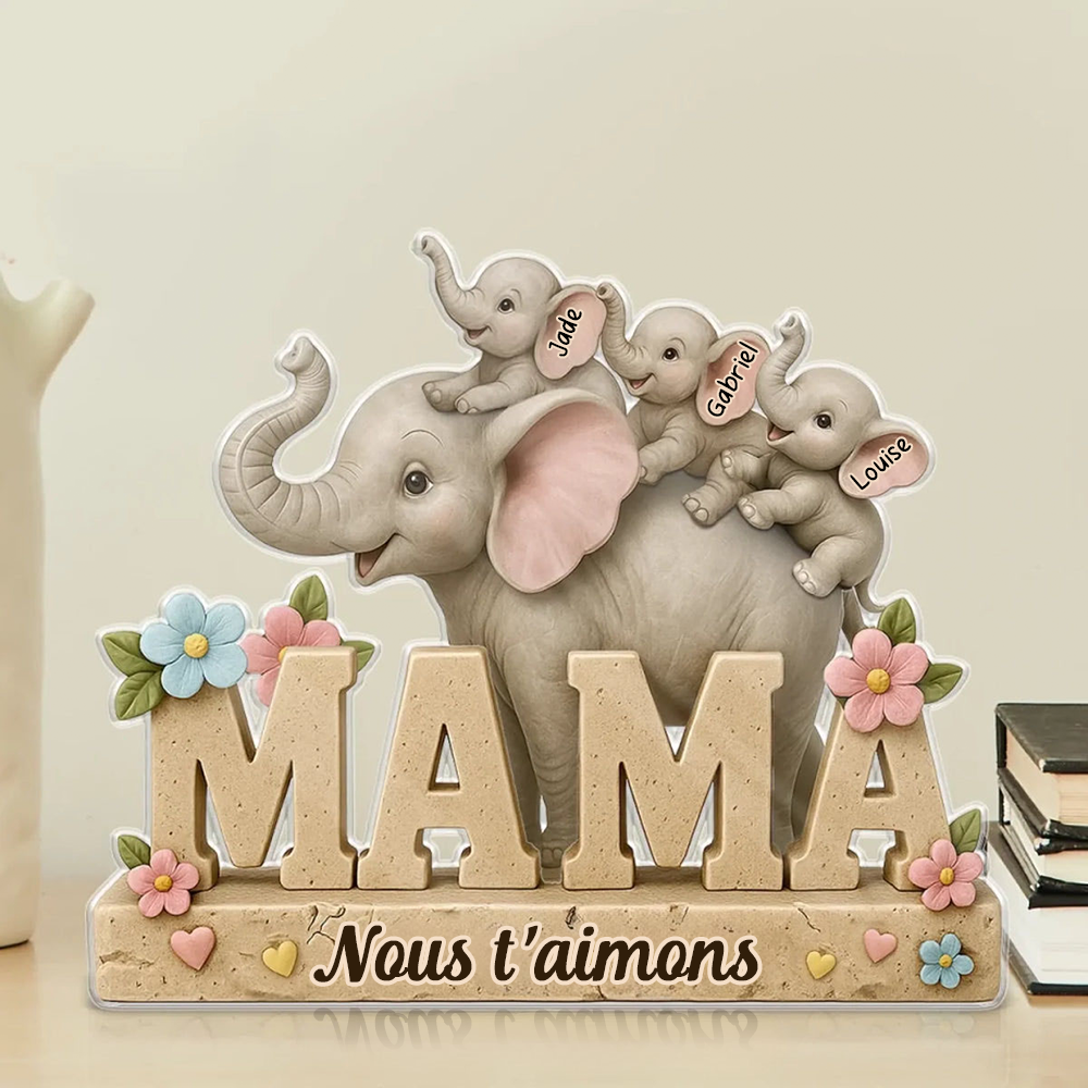 Plaque en acrylique personnalisée Éléphants Maman – Cadeau pour maman